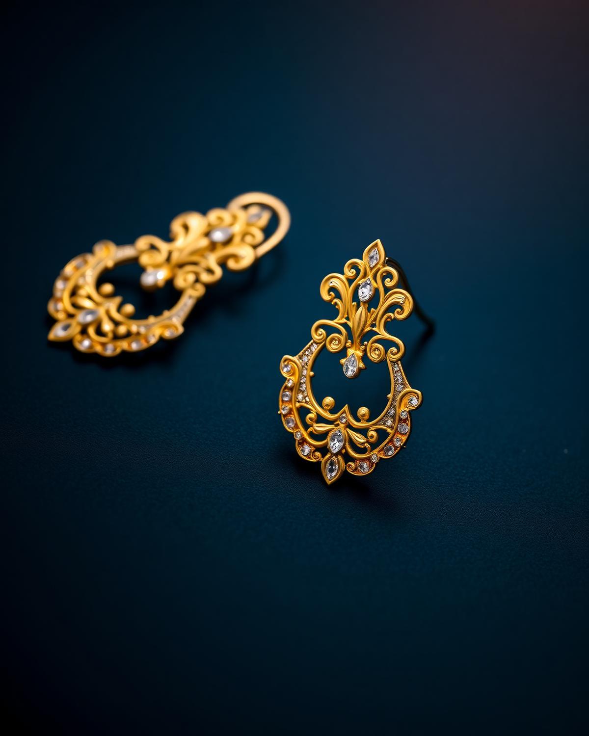Ornate 24K gold bridal earrings on a dark ground