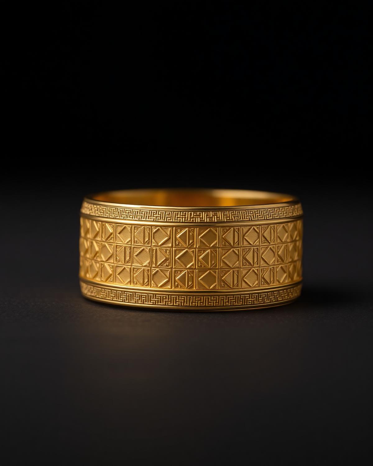Engraved 21K gold cuff against a dark background